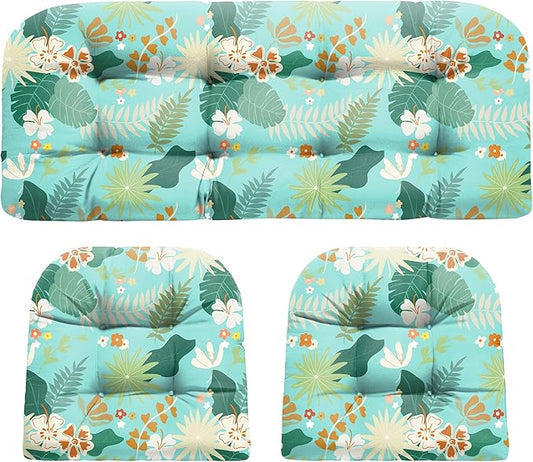 DANGHOOGY Wicker Chair Cushions, Waterproof Outdoor Loveseat Cushions for Patio Furniture, Tufted Wicker Furniture Cushions, 1 Loveseat and 2 U-Shaped Cushions (Cyan Flower)