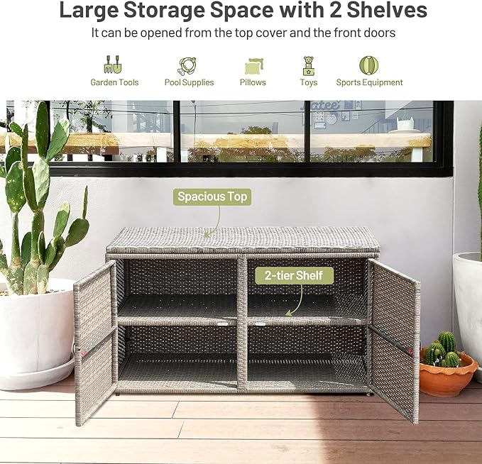Giantex Rattan Deck Box Outdoor&Indoor 88 Gallon Wicker Storage Box W/Separate Storage Shelf, Openable Door and Tools Storage for Patio,Garden, Balcony, Porch, Yard Rattan Storage Box (Gray)