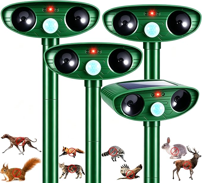4Pack Upgraded Sonic Fortress Pro Deer Repellent Devices Solar Animal Repellent Ultrasonic Outdoor with Motion Activated for Squirrel Raccoon Rabbit Fox Cat Deterrent for Garden Yard Lawn Protection