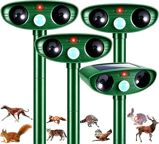 4Pack Upgraded Sonic Fortress Pro Deer Repellent Devices Solar Animal Repellent Ultrasonic Outdoor with Motion Activated for Squirrel Raccoon Rabbit Fox Cat Deterrent for Garden Yard Lawn Protection