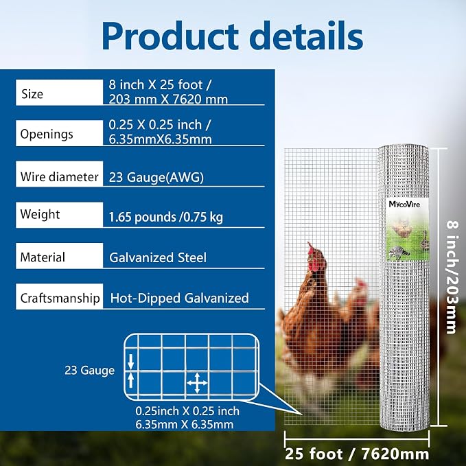 Hardware Cloth 1/4 inch Chicken Wire Fencing Double Hot-Dipped Galvanized After Welding Wire Fence，Duty Rust Proof Fencing for Gardens, Poultry Animal Netting Cage Screen (1/4inch 8in x 25ft)