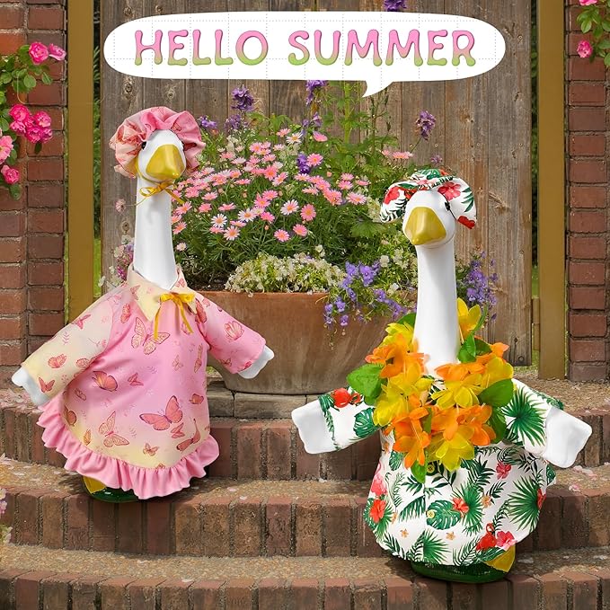 2 Sets Seasonal Porch Goose Outfits for Spring&Summer,Butterfly&Hawaiian Porch Goose Clothes for 23" H Outdoor Yard Lawn Garden Decoration