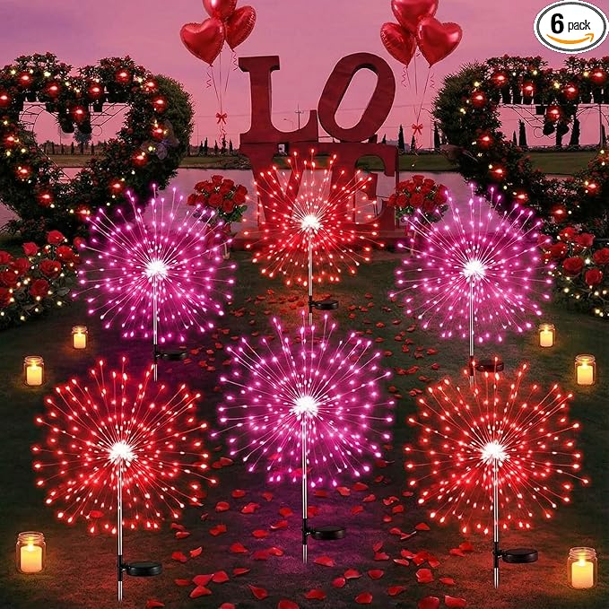 Tujoe 6 Pcs 4th of July Solar Firework Lights Patriotic Solar Light Outdoor Garden 120 LED 8 Modes Waterproof LED Sparkler Light for 250th Anniversary Patio Yard Pathway Walkway (Red,Pink)