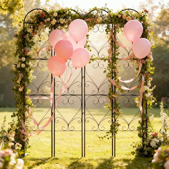 4PCS Metal Garden Trellis for Climbing Plants Outdoor, Heavy-Duty Cucumber Tomato Trellis for Raised Garden Bed, Decorative Wrought Iron Trellis Arch for Wedding Party Decor