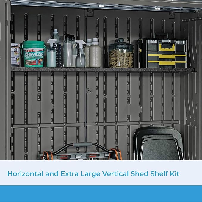 Suncast 2 Pack Horizontal/XL Vertical Shed Shelf Kit, Space Saving Shelving Wall Mount Outdoor Storage Structures, 50" W x 10.25" D x 1.25" H, Black