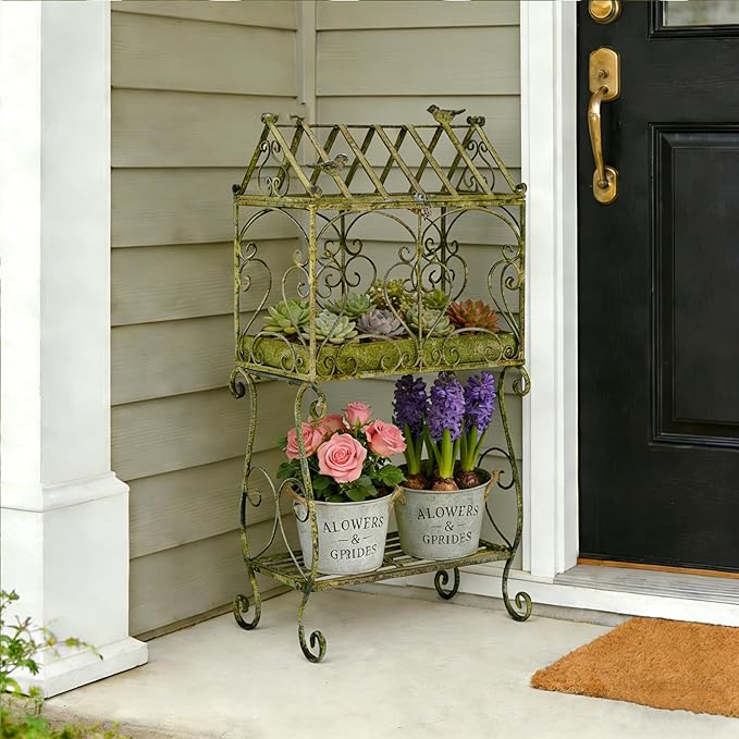 Vintage 2-Tier Metal Plant Stand with House-Shaped Planter Tray, Distressed Green Rustic Plant Shelf with Succulent Tray for Indoor Outdoor Garden, Patio & Balcony Decor