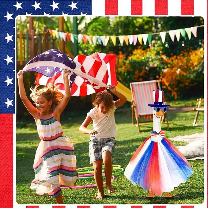 Independence Day Goose Outfit with Sunglasses & Tie,Porch Goose Outfits for 23" 17" Cement Plastic Goose Clothes Costumes, 4th of July Goose Outfit for Party Outdoor Patio Yard Lawn