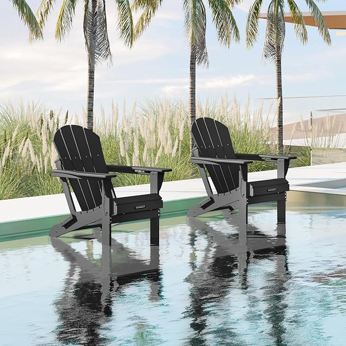 MUCHENGHY Folding Adirondack Chairs 2 Pack, Patio & Outdoor Chairs, Plastic Weather Resistant with Cup Holder for Deck, Backyard, Garden (Black)