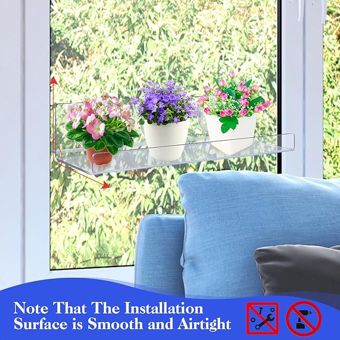 Reallnaive 3 Pack 12 Inch Window Suction Cup Shelf for Plants, Clear Acrylic Indoor Floating Shelves Plant Shelf Window Extender for Seed Starter Pots, Succulents, Herb Planters