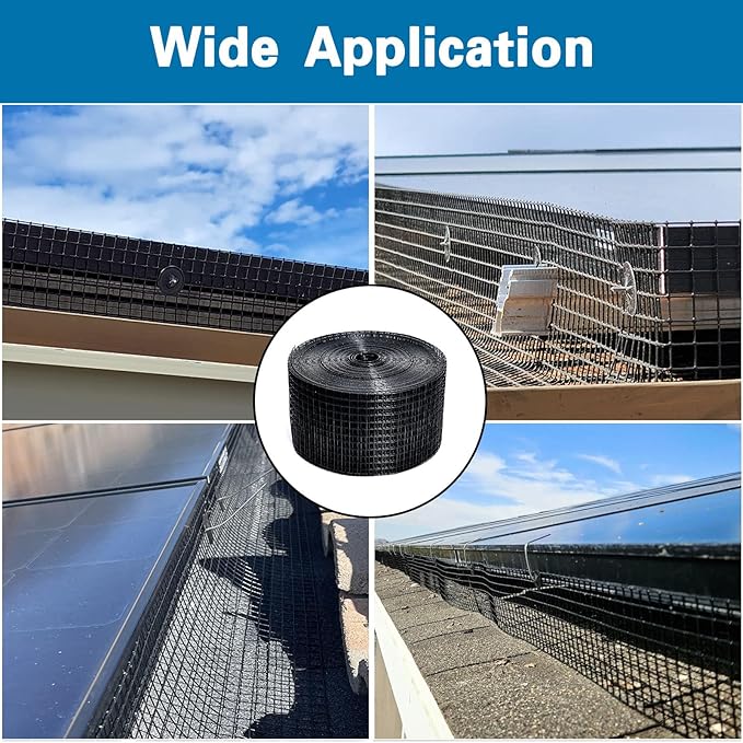 Critter Guard for Solar Panels,6in x120ft Solar Panel Bird Guard with 100pcs Fastener Clips(1" 80pcs/1.5" 20pcs), 1/2in Fine Mesh Black PVC Coated Critter Guard with Gloves and Pliers