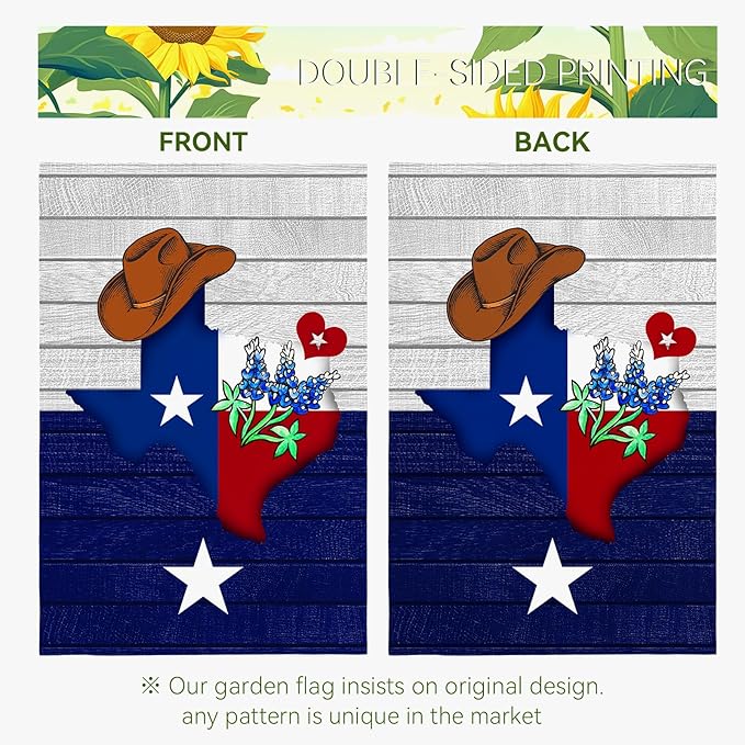 Texas Bluebonnet Garden Flag Cowboy Hat Texas State Yard Flag Americana Western Garden Flags Polyester Double Sided for Outdoor Lawn Yard Patio Deck Porch Welcome Banner Gift 12 x 18 Inch