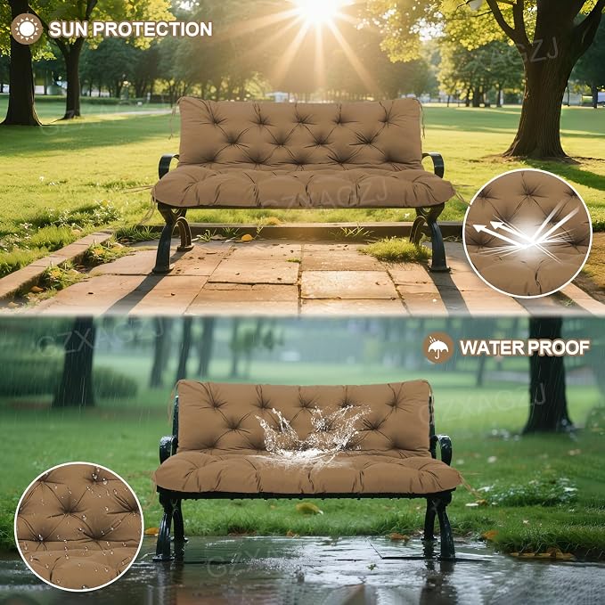 Waterproof Outdoor Swing Cushions 2-3 Seater Replacement Thicken 5" Porch Swing Cushions 48 inch Bench Swing Cushion with Backres and Ties for Outdoor Furniture Patio Backyard Porch(Coffee)