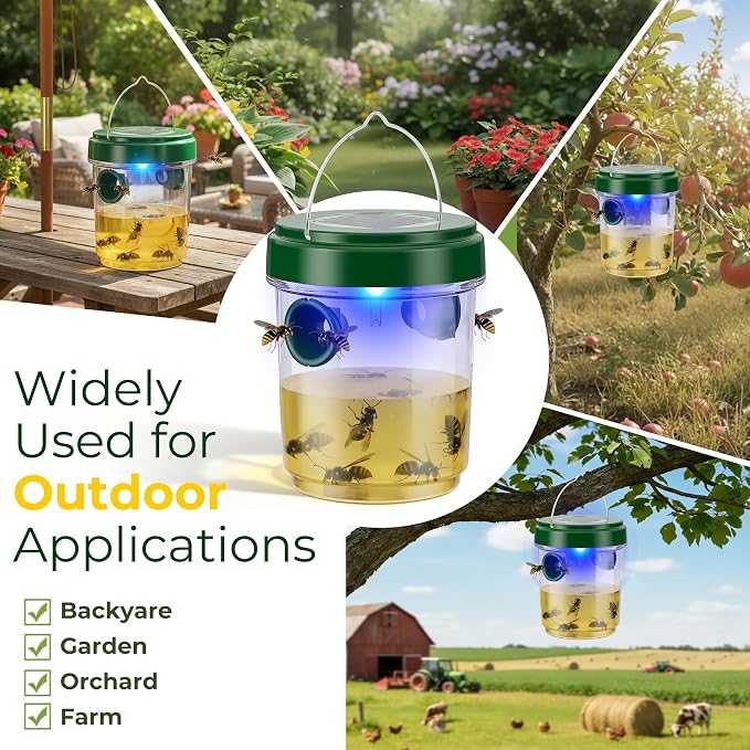 Wasp Trap Outdoor Hanging 4 Pack, Solar Powered Reusable Wasp & Yellow Jacket Trap with LED Light, Carpenter Bee Catcher for Patio, Backyard & Garden
