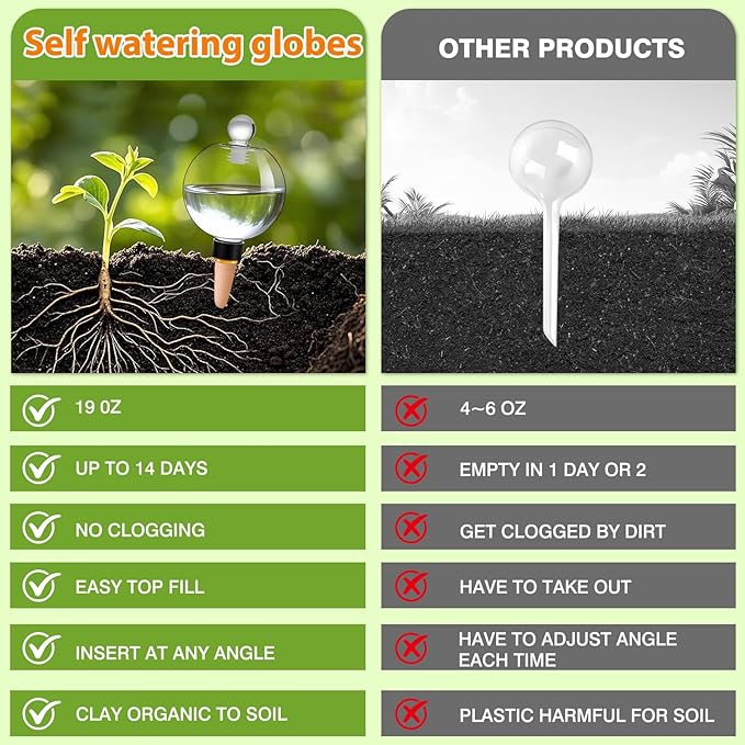 DI QIU REN 19oz Extra Large Self Watering Globes, Automatic Plant Waterer with Glass Stopper - Slow Release Watering Bulbs & Planter Insert, Top-Fill Water Spikes Stakes for Indoor Plants (4, Clear)