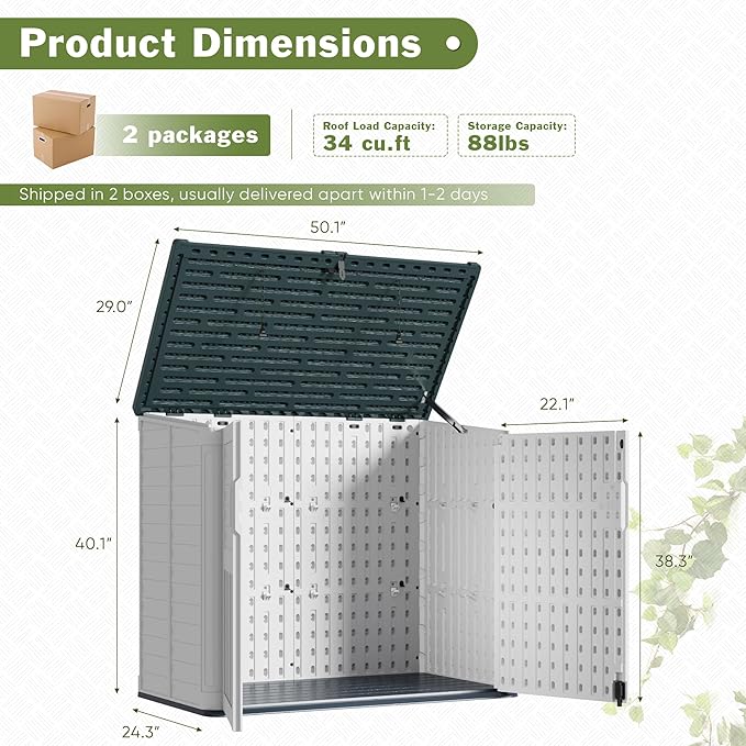 JUMMICO Resin Outdoor Storage Shed, 34 Cu Ft Horizontal Storage Cabinet for Trash Cans, Garden Tools, Pool Supplies (Beige)