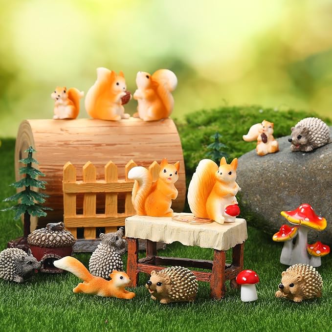 Fairy Garden Accessories, 34 Pieces Resin Squirrel Figures Miniature Garden Ornaments Hedgehog Mushroom Animal Kit for Outdoor DIY Terrarium Potted Plants Dollhouse Desk Decor