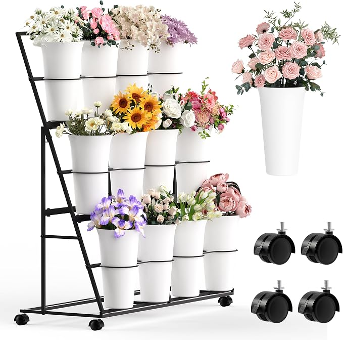 Invech Flower Display Stand with 12 Buckets and Wheels, 3 Tier Flower Cart Display Stand for Indoor Outdoor Garden, Wedding, Flower Shop (Black)