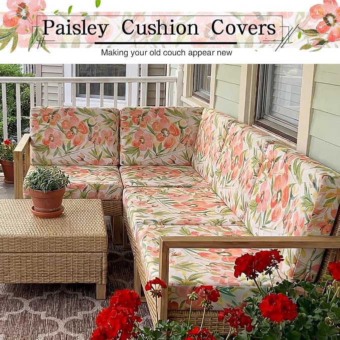 Newwiee 12 Pcs Patio Cushion Covers Outdoor Stretch Sofa Couch Cover Replacement Couch Slipcover Sofa Seat Chair Porch Patio Furniture Protector, Flexibility Washable(Colorful,Vivid Floral Leaf)
