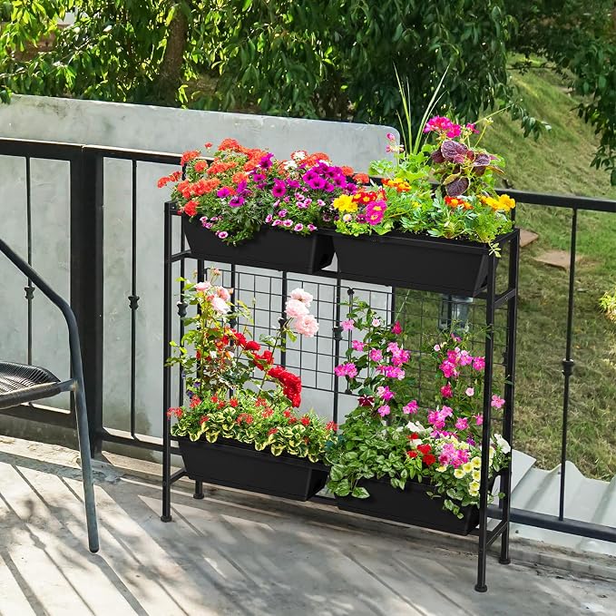 OYEAL Raised Garden Bed 32" Tall Elevated Planter Boxes with Trellis & Legs, Vertical Herb Garden Planter Outdoor for Gardening, Vegetables, Flowers, Herbs, Backyard, Black
