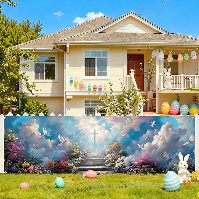 Christian Cross Fence Banner 118 x 35 Inch, Large Waterproof Outdoor Religious Banner with Stairway to Heaven Clouds & Doves for Yard Porch Fence Church Decorations