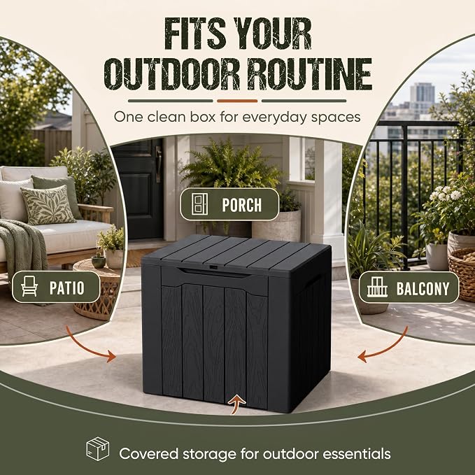 Flamaker Deck Box 30 Gallon, Waterproof Resin Small Storage Box with Lid, Outdoor Patio Furniture Cushion Garden Tool Organizer, Lockable Package Delivery Box for Porch Balcony (Black)