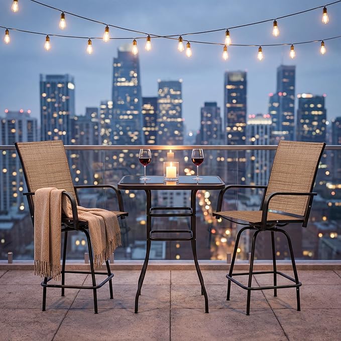 Greesum 3-Piece Patio Bar Set, High Top Table & 2 Swivel Bar Stools with Textilene Fabric, Outdoor Bistro Furniture for Balcony, Backyard, Poolside (Brown)
