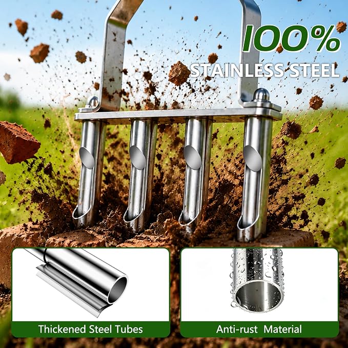 Bigwish Stainless Steel Aerator Lawn Tool with 4 Heavy-Duty Hollow Tines,Anti-Clogging Core Aerator,Ergonomic Design Lawn Aerator,Semi-Assembled Lawn Aerator Tool for Lawn Garden Yard Patio
