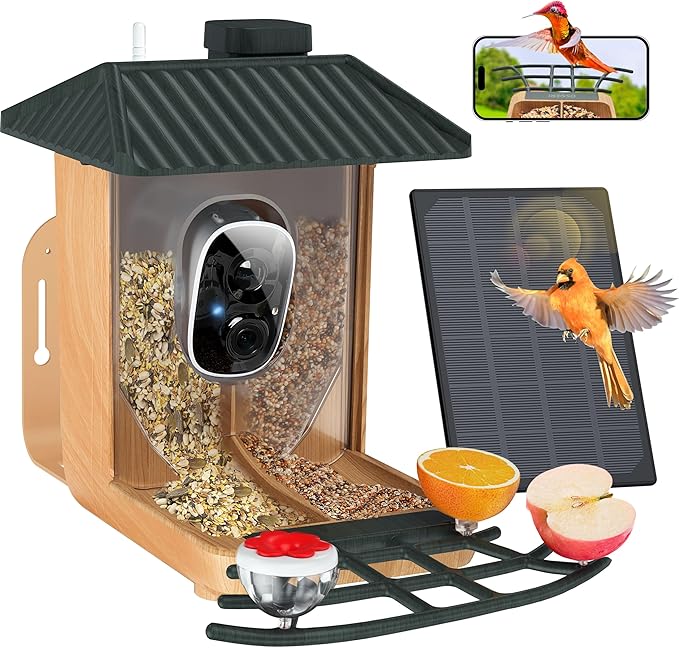 Osoeri Smart Bird Feeder with Camera, 1080P HD AI Identify & Capture Bird Videos, Auto Motion Detection, DIY Add-ons & Hummingbird Feeder, Wood Color-2 Bins