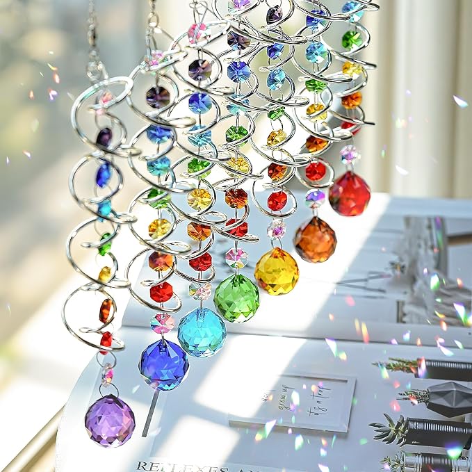 H&D HYALINE & DORA 7 Pack Crystal Suncatchers for Windows Hanging Gazing Ball Spiral Tail Wind Spinners Stainless Steel Hanging with Swivel Hook for Yard and Garden Indoor Home Decor