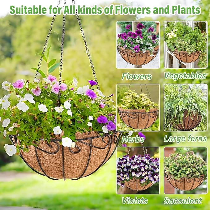 Legigo 2 Pack 14 Inch Metal Hanging Baskets for Plants Outdoor- Wire Round Hanging Planters Basket with Coconut Coir Liner, Hanging Flower Pot for Outdoor Plants Flowers Garden Decorations