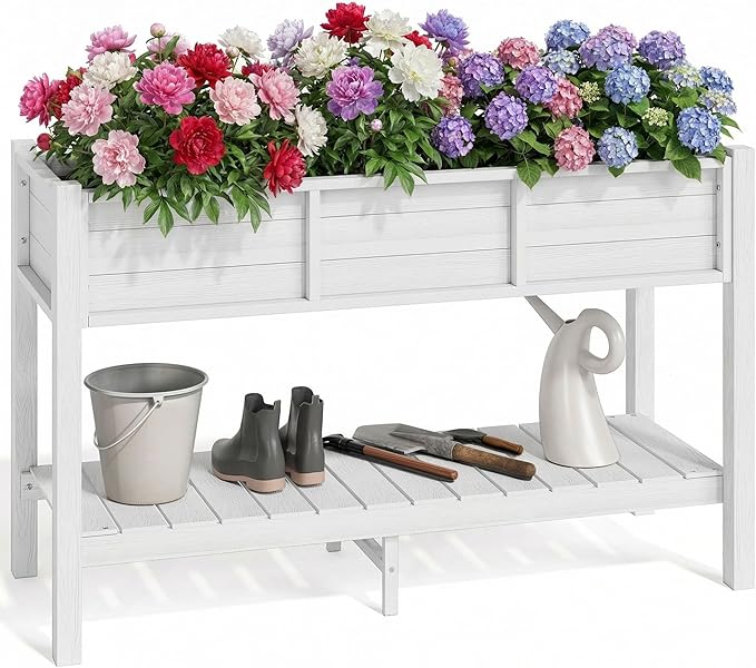 YITAHOME 48x18x30in Raised Garden Bed HDPE, Weather-Resistant Poly Lumber Planter Box with Legs & Storage Shelf, Elevated Garden Bed for Yard, Garden, Balcony - White