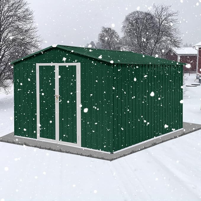 10x8 FT Garden Metal Sheds with Waterproof Roofs and Lockable Doors,Outdoor Storage Tool House W/Durable Frame,Backyard Office Shed,for Bike,Barbeque,Green+ White