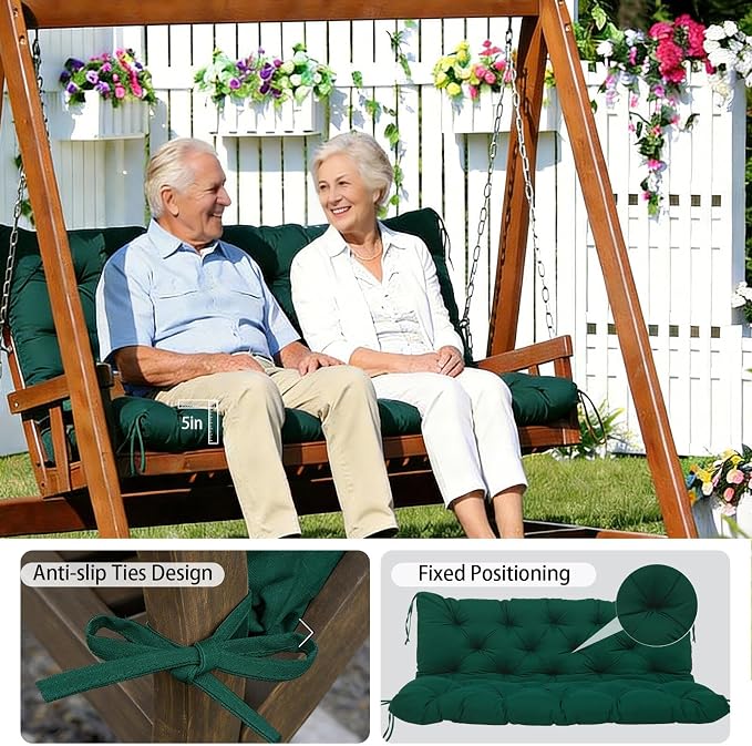5 Inch Thick Waterproof Patio Porch Swing Cushions, 60x40 Inch 3 Seater Replacement Cushion with Backrest & 8 Ties, Fade-Resistant Outdoor Bench Swing Pad
