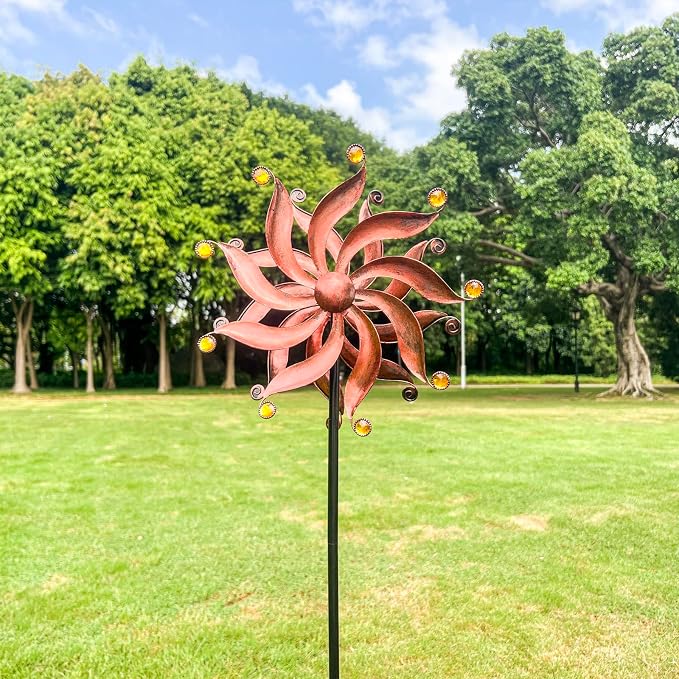 Wind Spinners Outdoor, Willow Leaf Double-Sided 360° Kinetic Wind Spinner with Acrylic Beads and Stake, Metal Garden Yard Decor (13.3" Dia x 54" H)