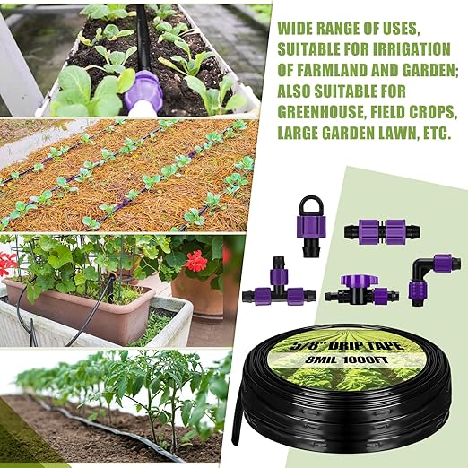 Tondiamo 500' 5/8 Inch Drip Tape Irrigation Tubing Kit 16 Mil 6" Spacing Garden Hose Watering Tube Line Automatic Equipment for Garden Irrigation System Farms, Landscape, Lawn