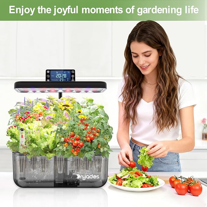 12 Pod Hydroponic Indoor Garden Kit Black with LED Grow Light, Herb Growing System with Seed Starter Kit, Compact Countertop Planter