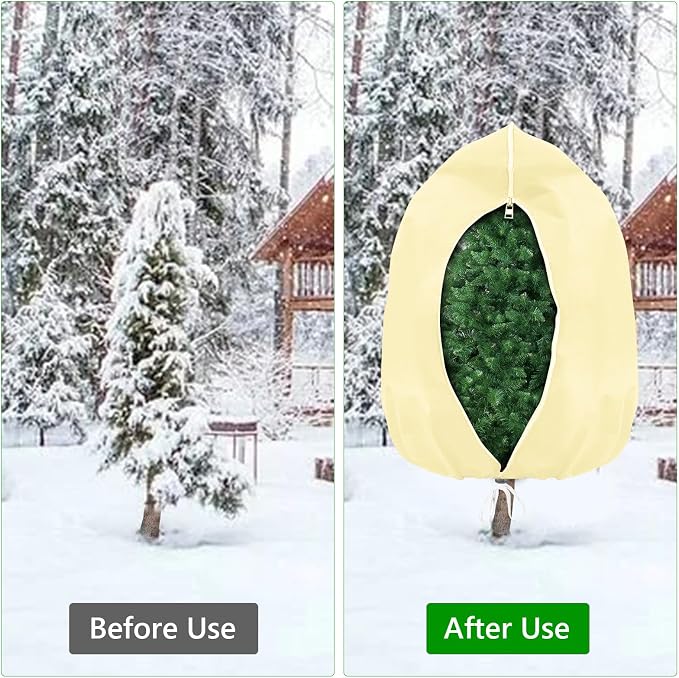 4-Pack Plant Covers Freeze Protection, Round Frost Blankets for Outdoor Plants (32"x48") – Winter Plant Covers, 2.4oz/yd² Frost Cloth Plant Protection for Trees, Shrubs & Potted Plants (Beige)
