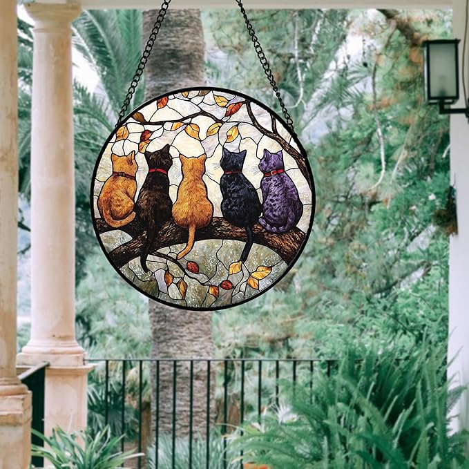 DASTOLL Stained Glass Window Hanging - 5 Cats on a Branch Suncatcher for Window Doors Home Decoration and Christmas, Mother's Day Father's Day Birthday Gifts for Women, Men, and Mom 14.9x14.9 in