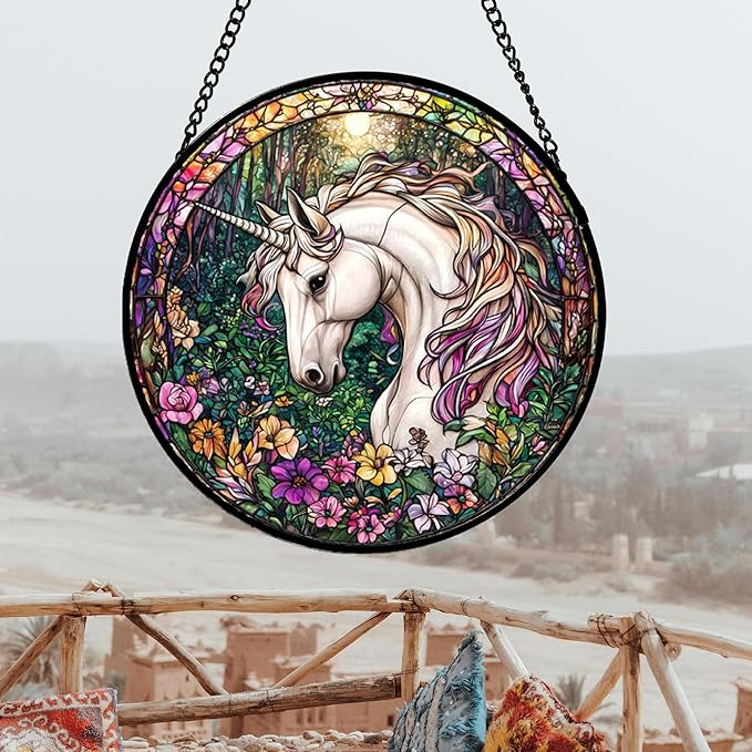 DASTOLL Stained Glass Window Hanging, Unicorn Flowers Suncatcher for Doors Home Sun Catchers Decoration and Christmas, Mother's Day Birthday Gifts for Women, Men, and Mom 14.9x14.9 in
