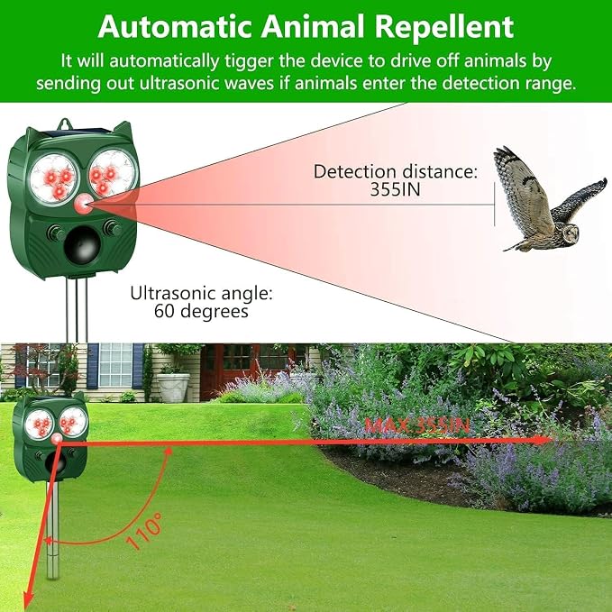 Solar Animal Repeller, Ultrasonic Repellent, Motion Detection, LED Flashing Light, Dog, Cat Repellent, Squirrel, Raccoon, Skunk, Rabbit, Rodent, Fox, Deer, etc. (Green)