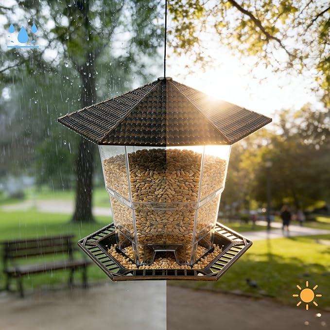 FUNPENY Bird Feeders for Outdoors Hanging, Gazebo Wild Bird Seed Feeder for Outside Roof Yard Garden Decorations, Brown