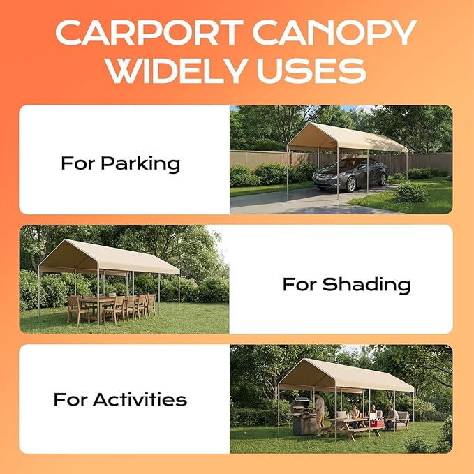 COWVIE 10 x 20 FT Carport Canopy Replacement Cover, with 46Pcs Long Ball Bungees, Waterproof Garage Top Tent Shelter Tarp, Only Top Cover