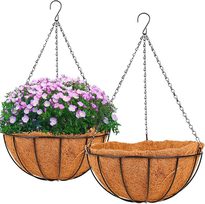HKZ Hanging Basket Planter Plants Outdoor - 2 Pack 14 Inch Metal Hanging Planter with Coco Liners, Hanging Flower Pots with Chain Hook for Indoor Outdoor Garden Porch Decoration