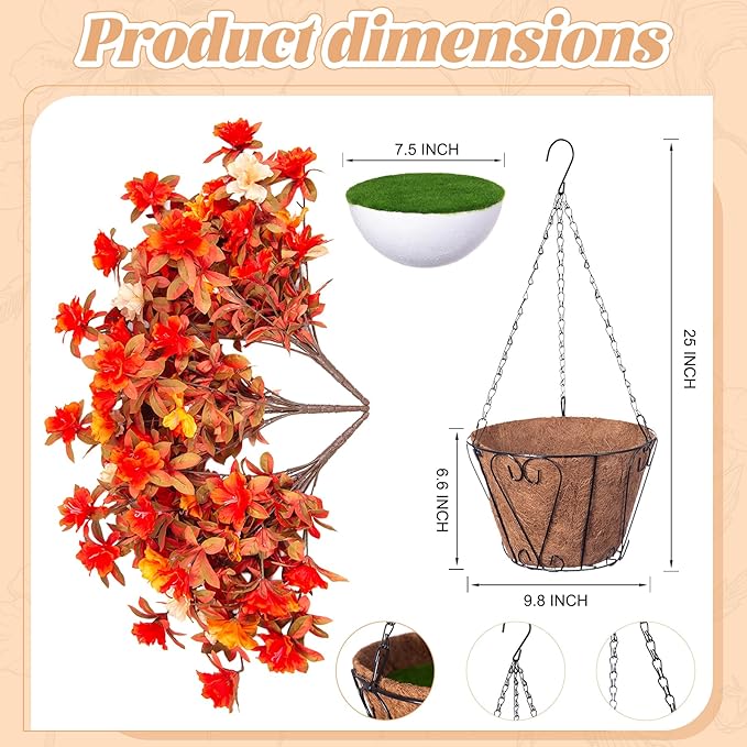Ammyoo Fall Flowers with Hanging Basket Artificial for Decoration, Fake Silk Rhododendron Flowers for Outdoors, UV Resistant No Fade Floral for Home Garden Balcony Porch Patio Wedding Party Decor