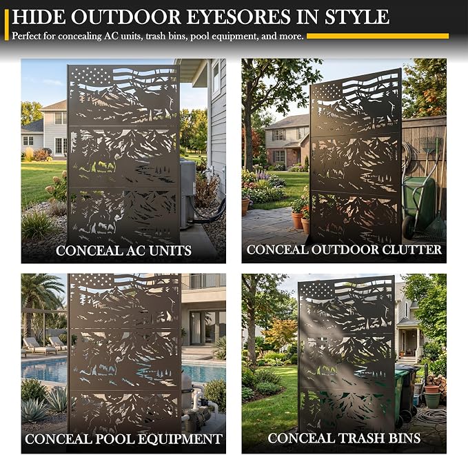 72" H Metal Outdoor Privacy Screen, Western Ranch American Flag Panel | Outdoor Privacy Panels for Balcony, Patio & Backyard, Freestanding Decorative Privacy Panel