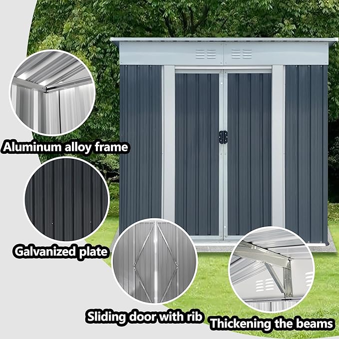 KEIKI 6x4 FT Outdoor Storage Shed with Pent Roof and Lockable Sliding Door, Small Waterproof Galvanized Steel Storage House with Aluminum Alloy Frame for Garden, Backyard, Patio, Lawn, Grey & White