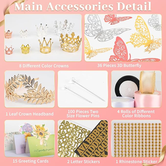 260Pcs Flower Bouquet Wrapping Paper Kit , 60 Sheets Wrapping Paper, 36 Butterflies, 8 Crowns, 1 Headband, 4 Ribbons, 15 Cards, 100 Diamond Pins, Floral Wire, 3 Stickers, 3 Tapes (White & Yellowish)
