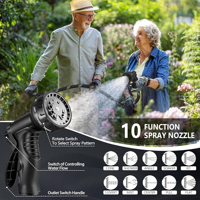 100 FT Non-Expandable Garden Hose, Lightweight Hose with 10 Function Spray Nozzle, Kink-Free Flexible Water Hose, Leak-Proof, 3/4'' Solid Connectors Garden Hose,Ultra Durable Garden Hoses