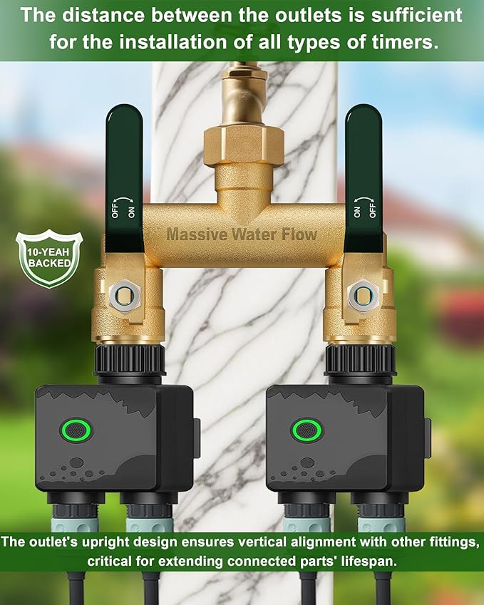 Hose Splitter 2 Way Heavy Duty, Full Flow Garden Hose Splitter with 2 Long Metal Handles, Brass Rust and Freeze Resistant Water Hose Bib Splitter, T Adapter Connector with 3/4 - Inch GHT Thread（Green）