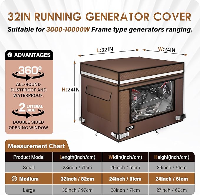 Running Generator Cover. 32"L×24"W×24"H Generator Cover, Top Can Be Opened for Refueling, 900D+210D Heavy Duty Waterproof, PVC Transparent Visual Operation Window, Coffee